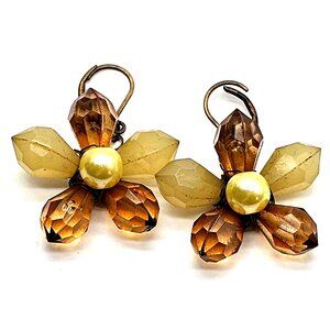 Vintage Beaded Flower Earrings – Amber & Cream Petals, Pearl Center, Drop Hook